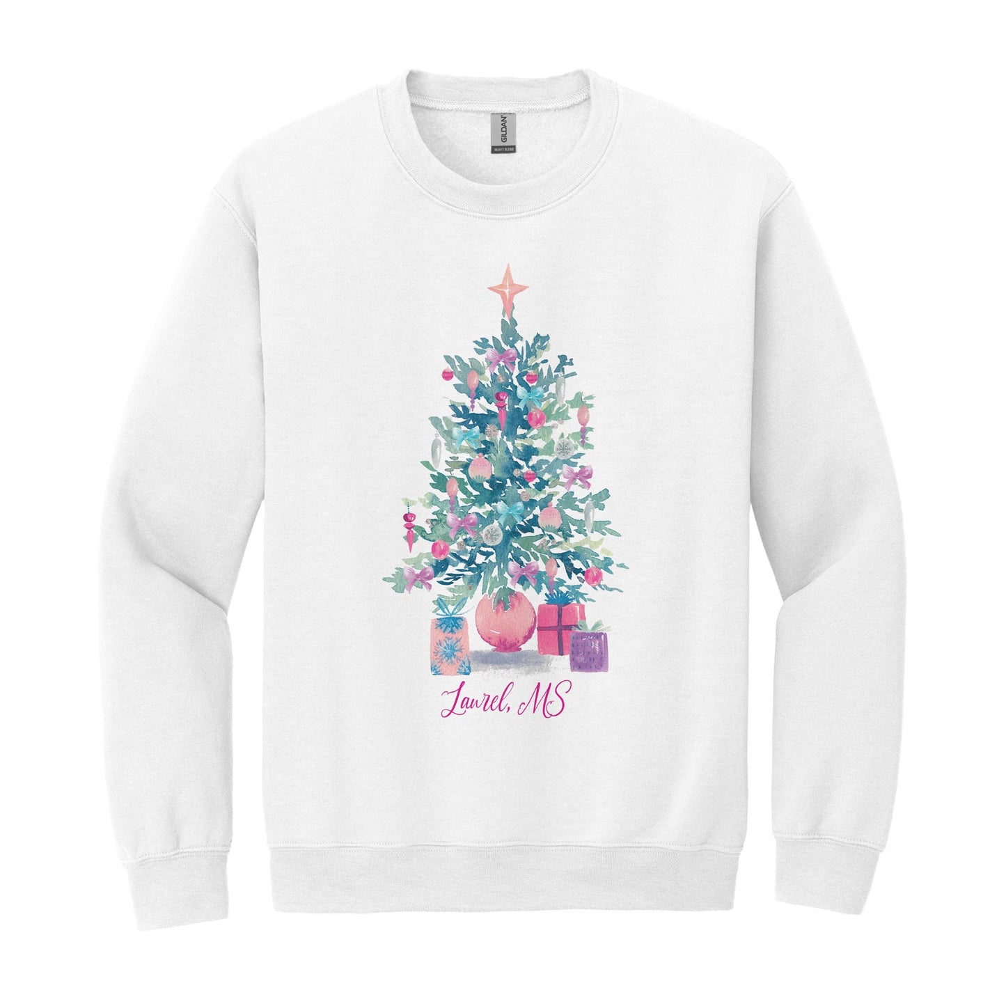 Gildan Sweatshirt White-Watercolor Sugar Plum Christmas Tree -0