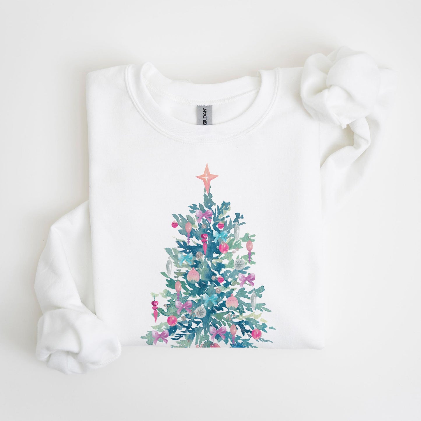 Gildan Sweatshirt White-Watercolor Sugar Plum Christmas Tree -4