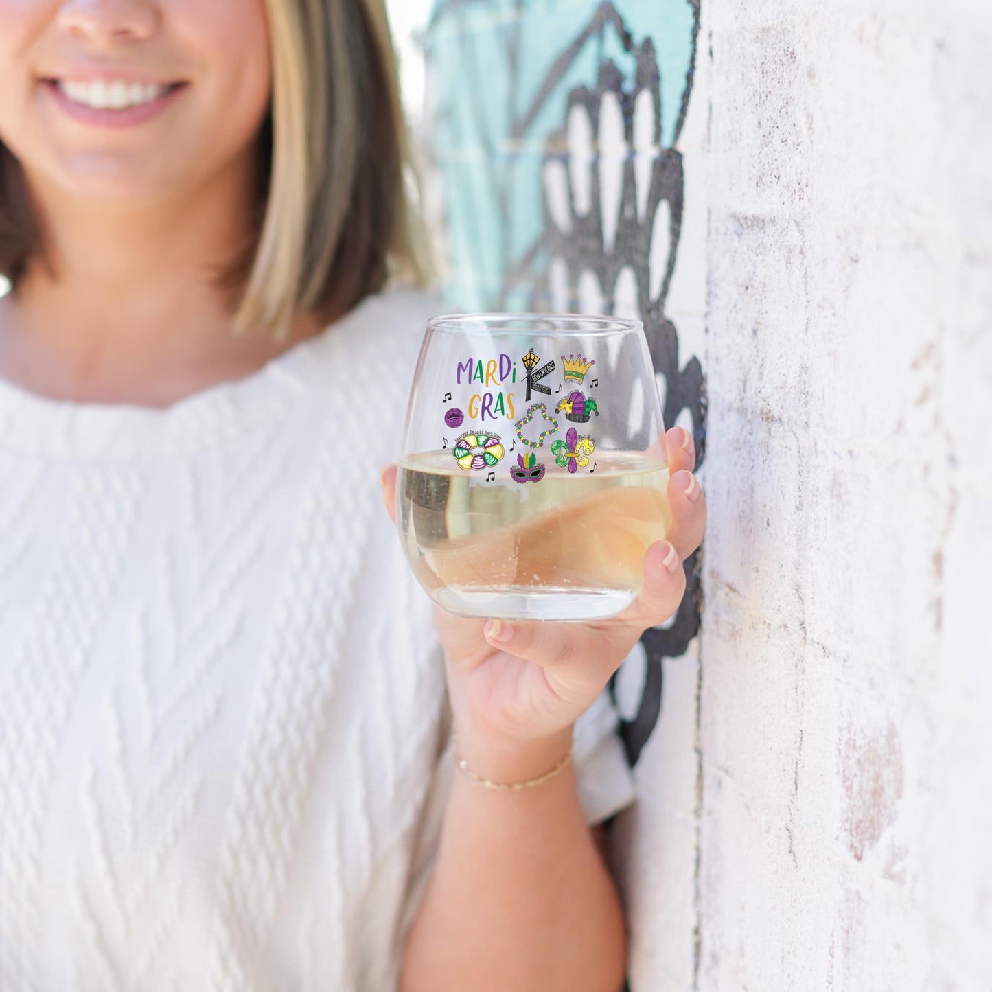 15oz Stemless Wine Glass-Mardi Gras Icons