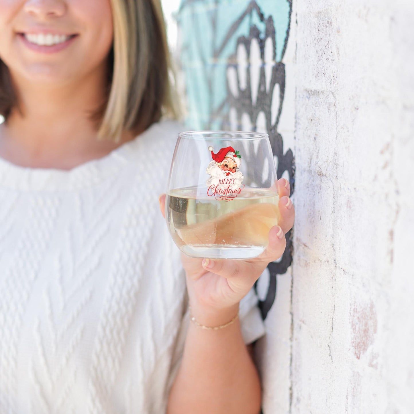 15oz Stemless Wine Glass-Classic Santa