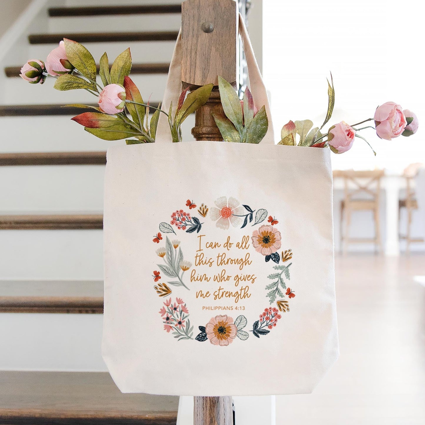 Tote Bag Natural Canvas-Pretty Things Floral Faith Gives Me Strength -1