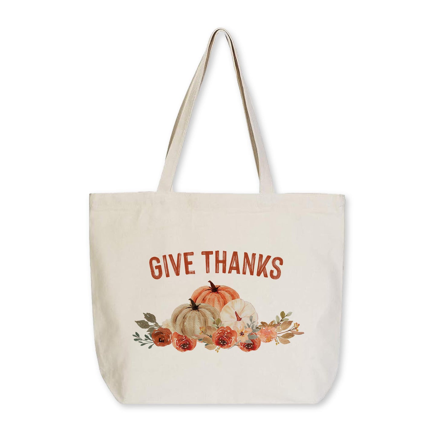 Tote Bag Natural Canvas-Give Thanks Floral Pumpkin