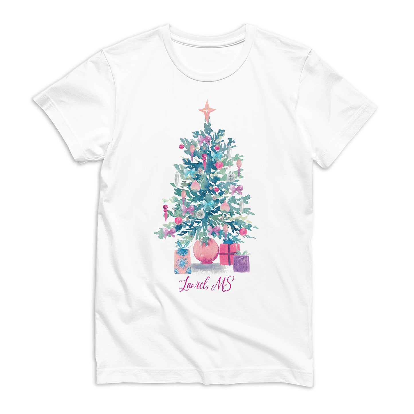 Bella Canvas T-Shirt White-Watercolor Sugar Plum Christmas Tree -0