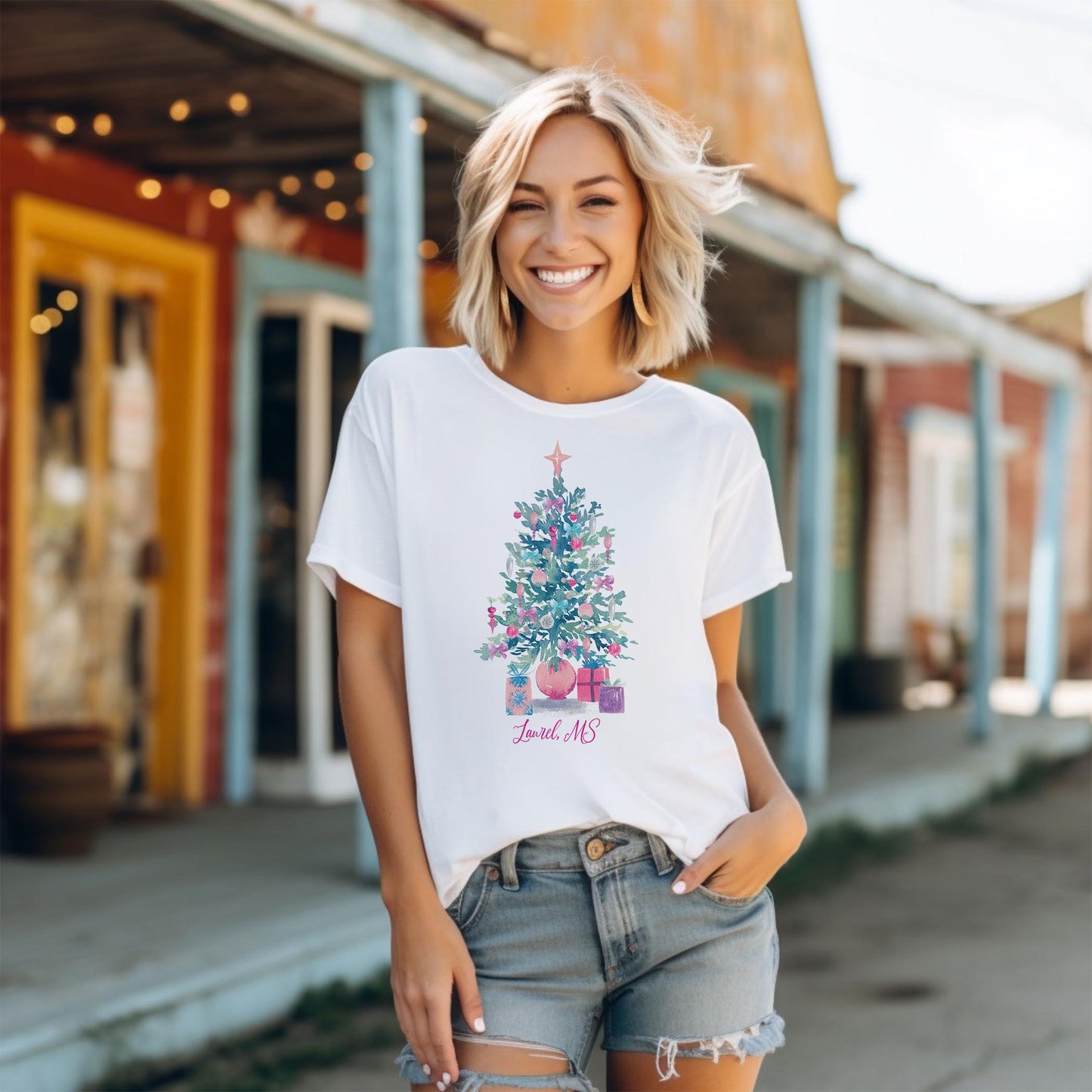 Bella Canvas T-Shirt White-Watercolor Sugar Plum Christmas Tree -1