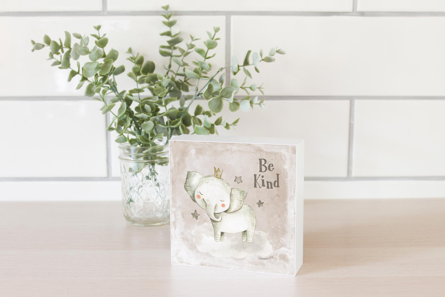 5x5 Wood Block-Be Kind Elephant Painted Background