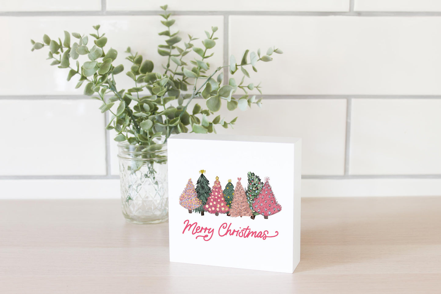 5x5 Wood Block-Pink Trees Merry Christmas