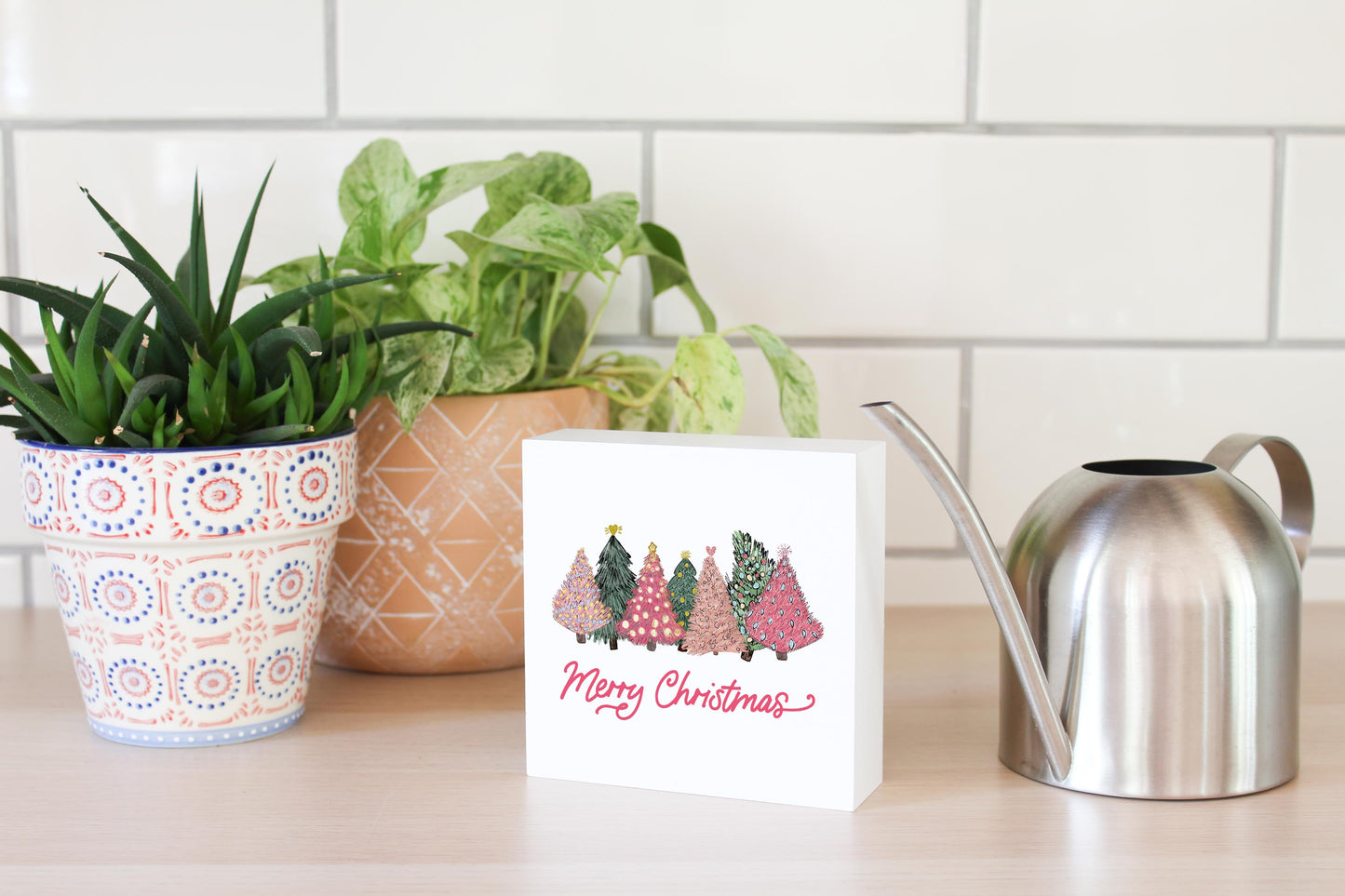 5x5 Wood Block-Pink Trees Merry Christmas