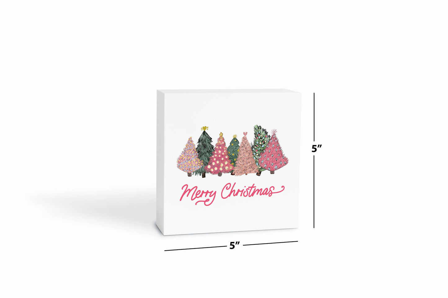 5x5 Wood Block-Pink Trees Merry Christmas