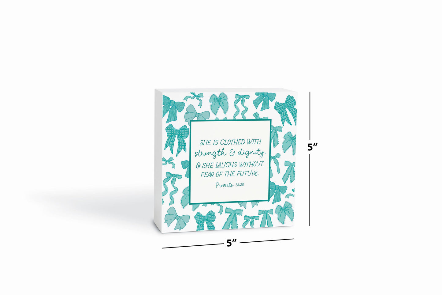 5x5 Wood Block-Blue Bows She Is Clothed