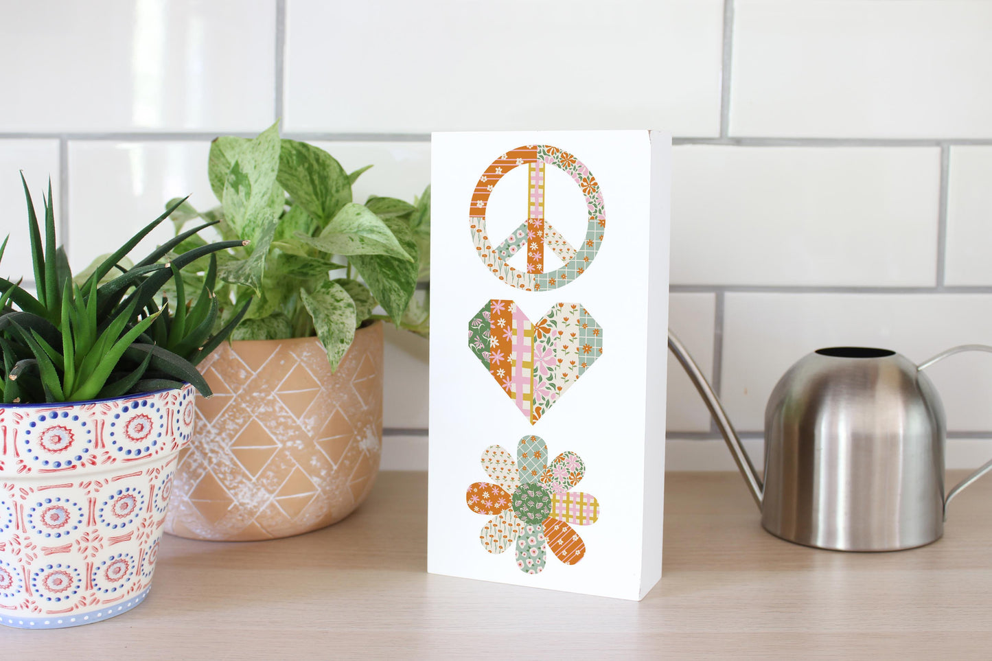 5x10 Wood Block-Spring Peace Love Flower