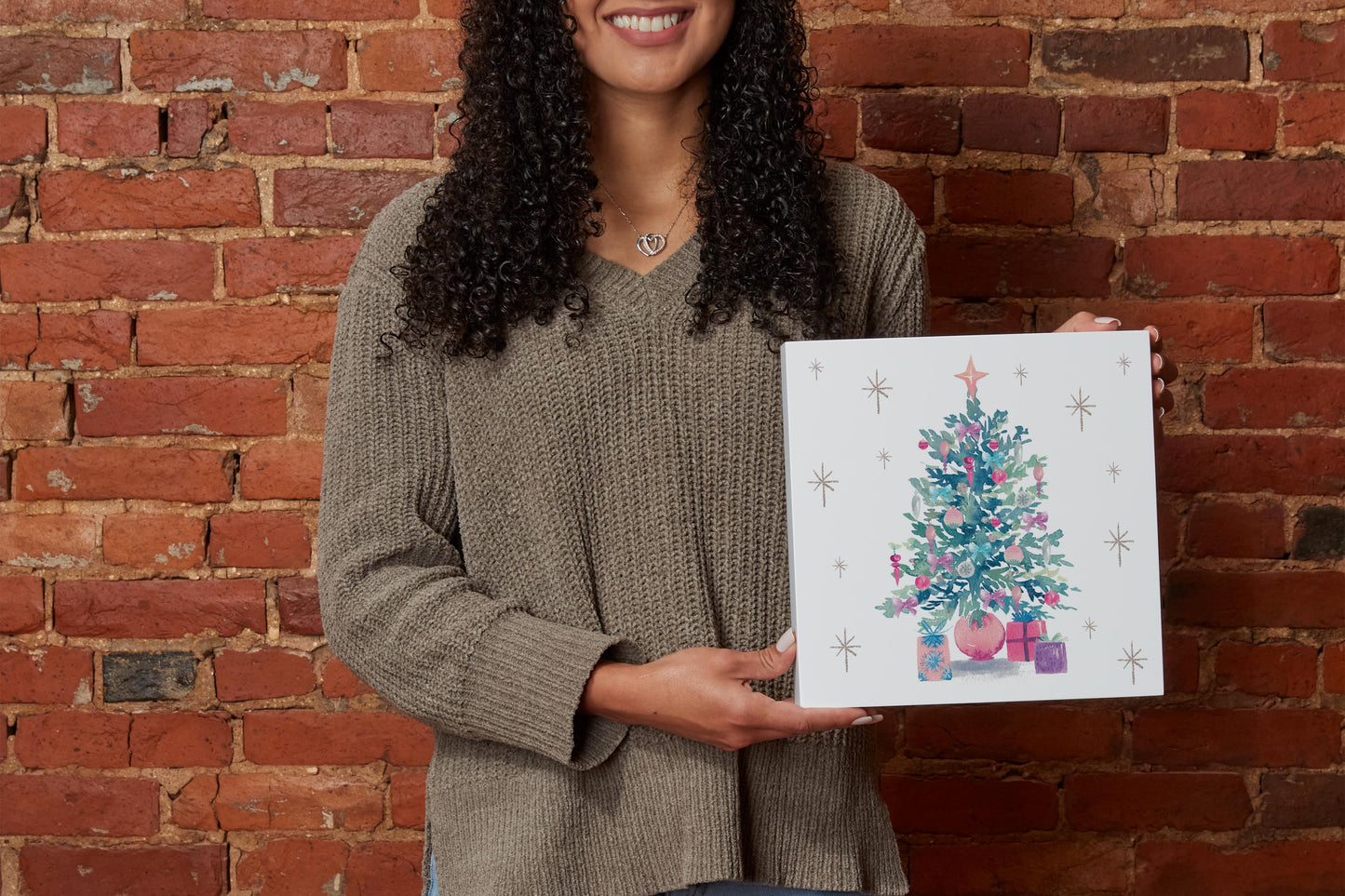 10x10 Wood Block-Watercolor Sugar Plum Christmas Tree -1