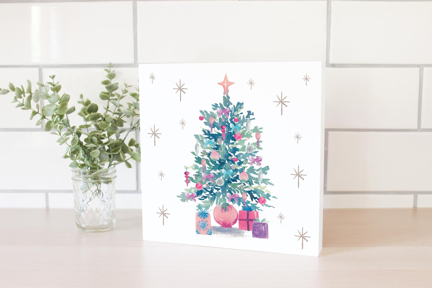 10x10 Wood Block-Watercolor Sugar Plum Christmas Tree -2