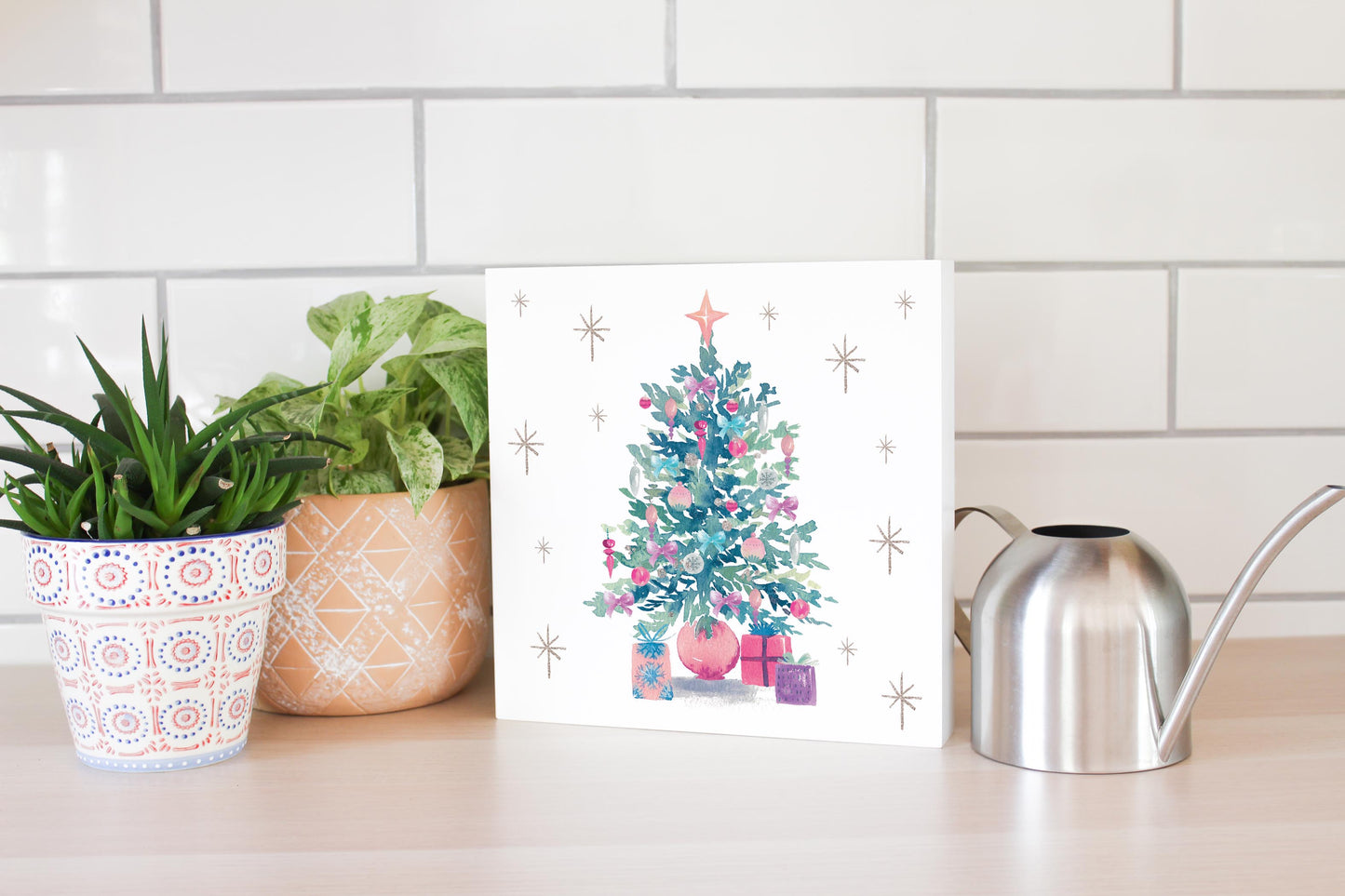 10x10 Wood Block-Watercolor Sugar Plum Christmas Tree -4