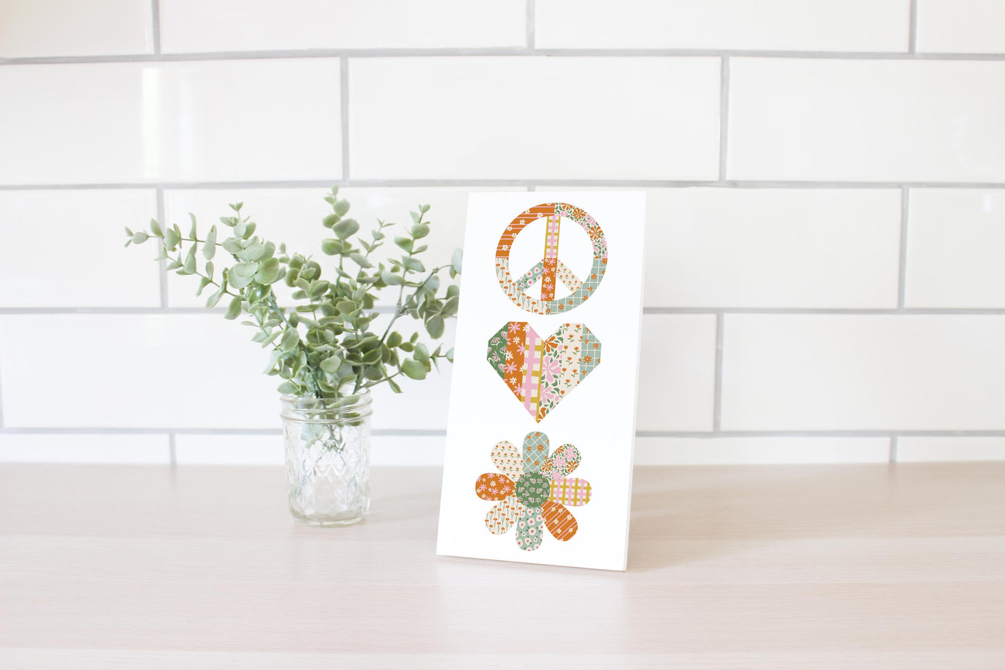 5x10 Wood Plaque-Spring Peace Love Flower