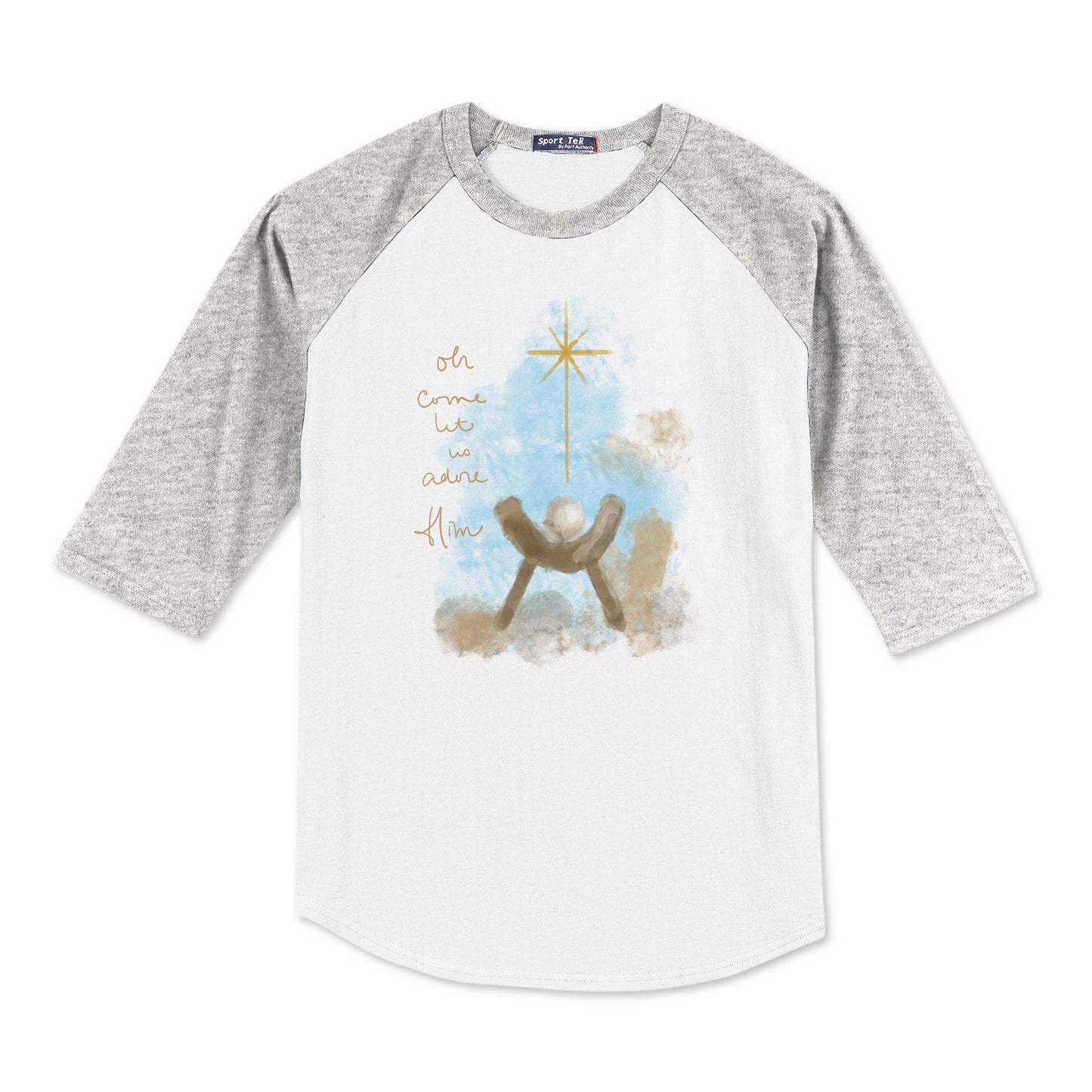 Sport-Tek® Youth Colorblock Raglan Grey/White-Let Us Adore Him Watercolor Manger