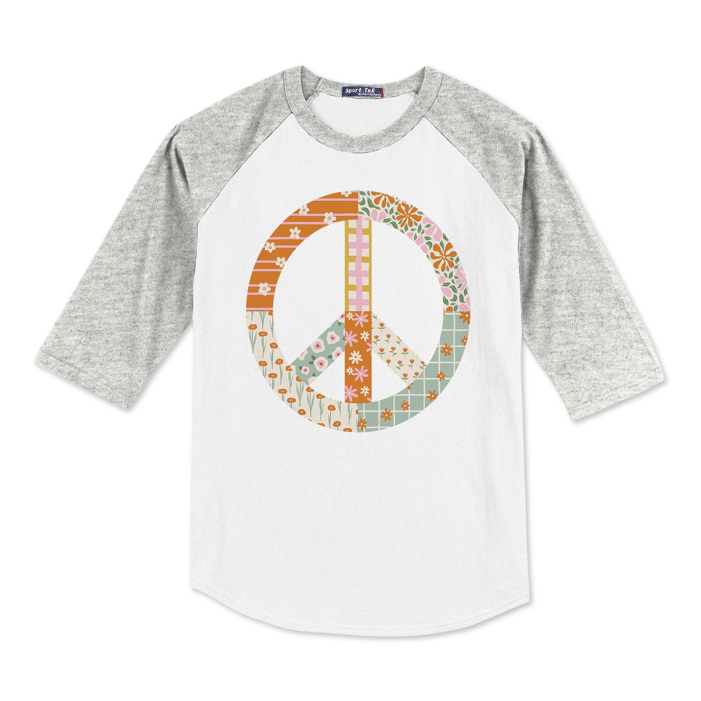 Sport-Tek® Youth Colorblock Raglan Grey/White-Spring Patch Peace Sign