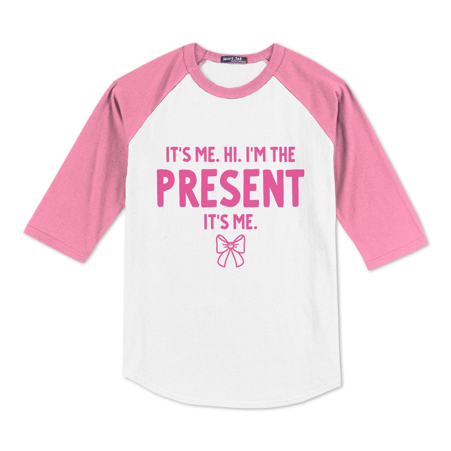 Sport-Tek® Youth Colorblock Raglan Pink/White-It's Me. Hi. I'm The Present. It's Me.