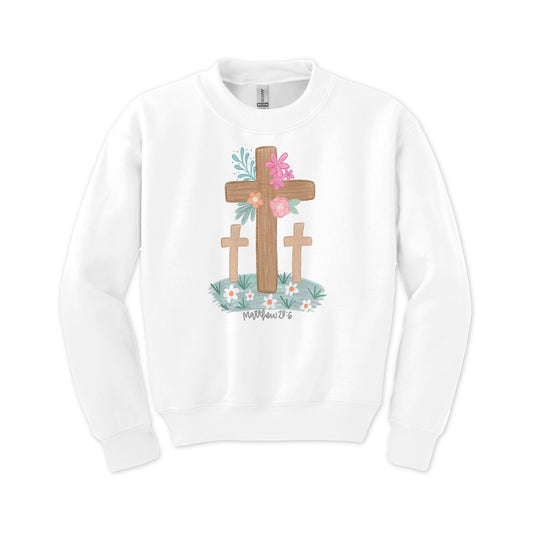 Gildan Youth Crewneck White-Floral Cross Matthew 28:6