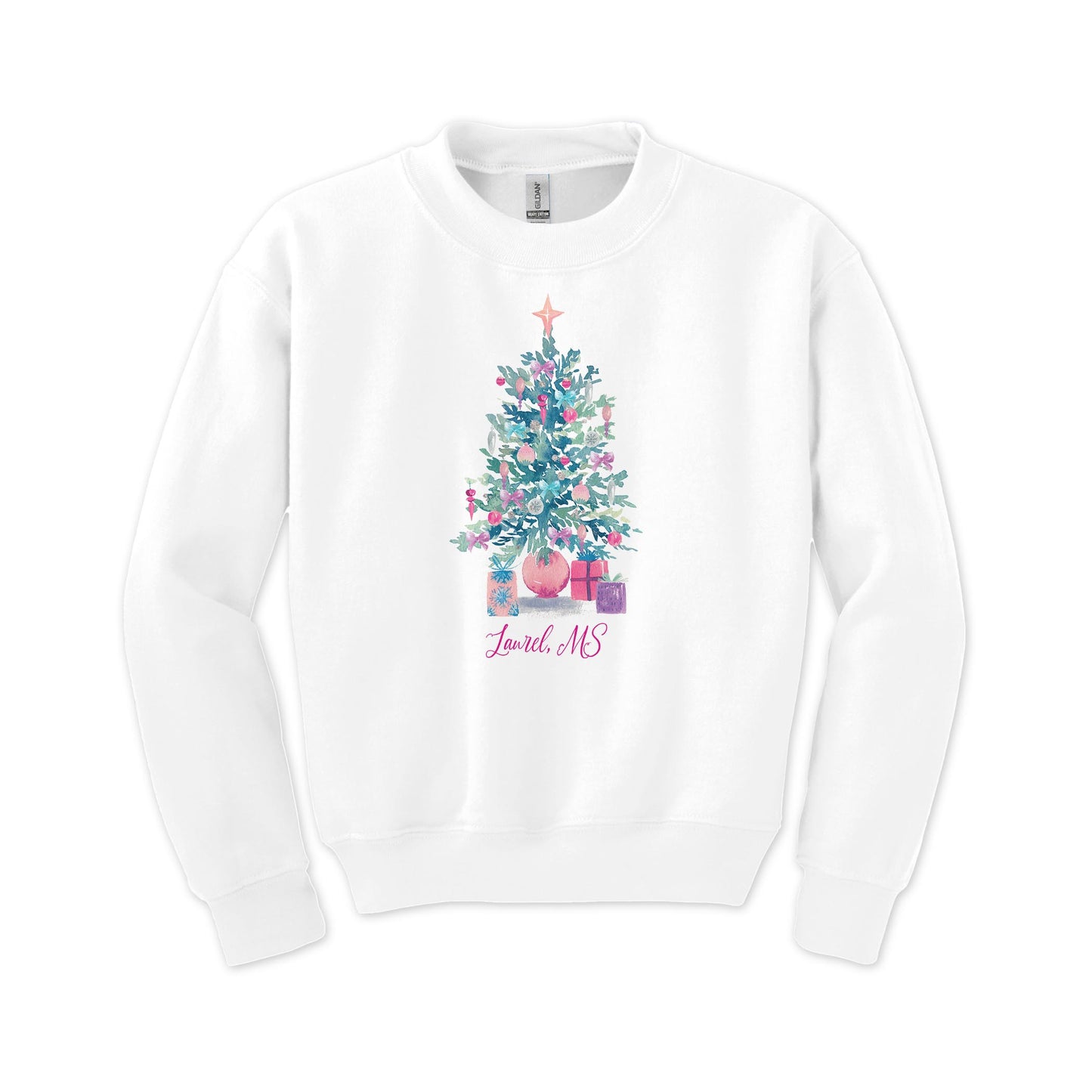 Gildan Youth Crewneck White-Watercolor Sugar Plum Christmas Tree -0