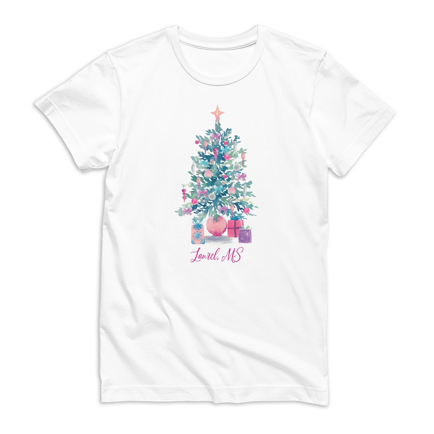 Bella Canvas Youth T-Shirt White-Watercolor Sugar Plum Christmas Tree -0