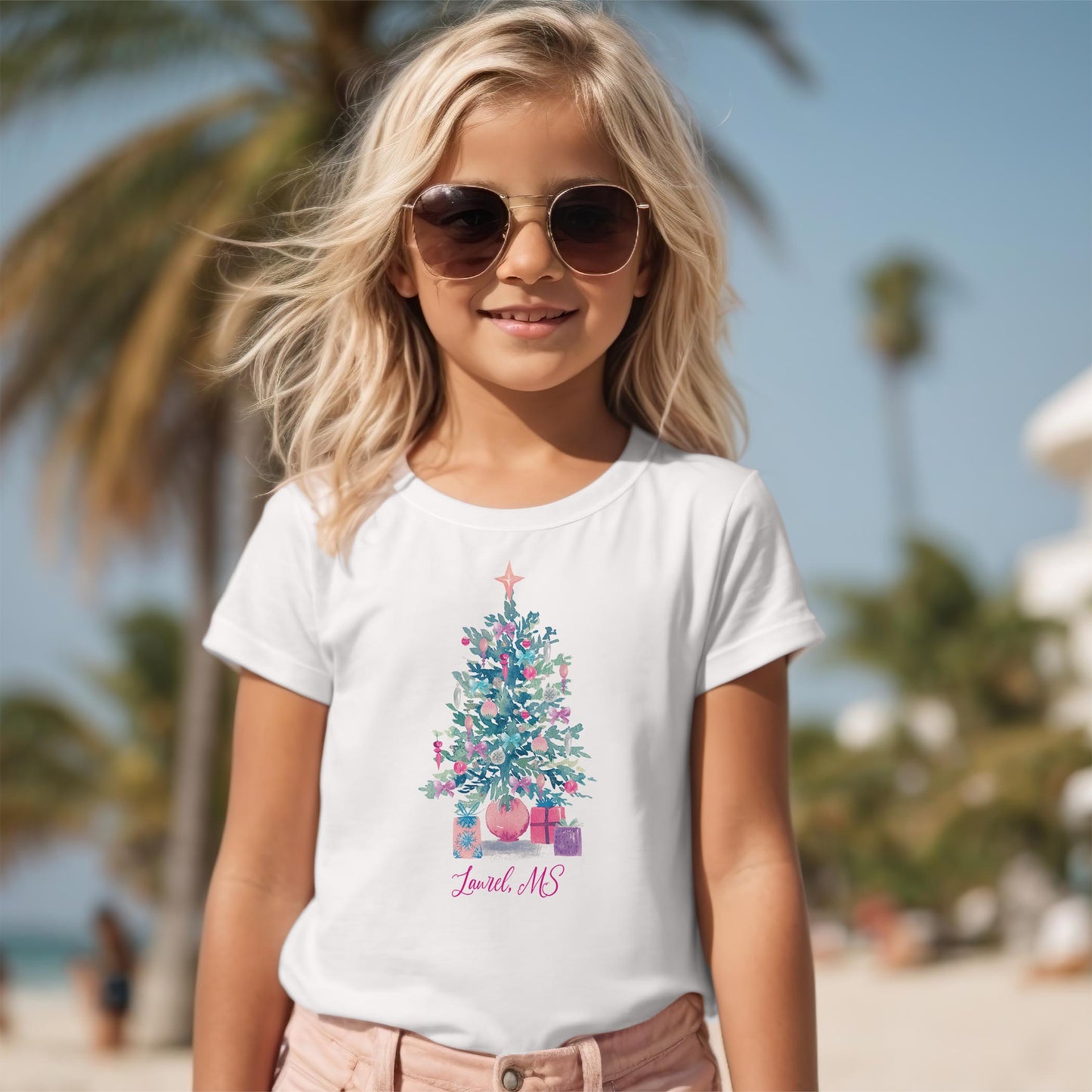 Bella Canvas Youth T-Shirt White-Watercolor Sugar Plum Christmas Tree -2