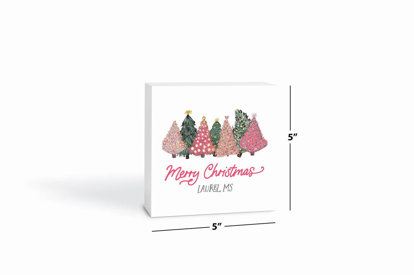 Love+Local 5x5 Wood Block | Pink Christmas Trees