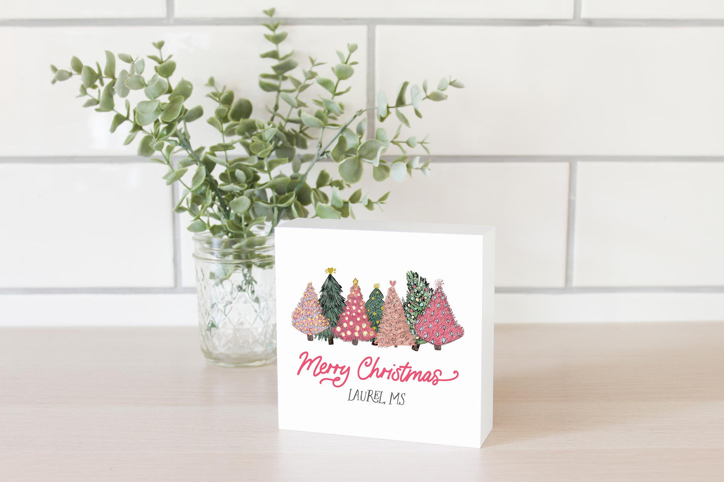 Love+Local 5x5 Wood Block | Pink Christmas Trees