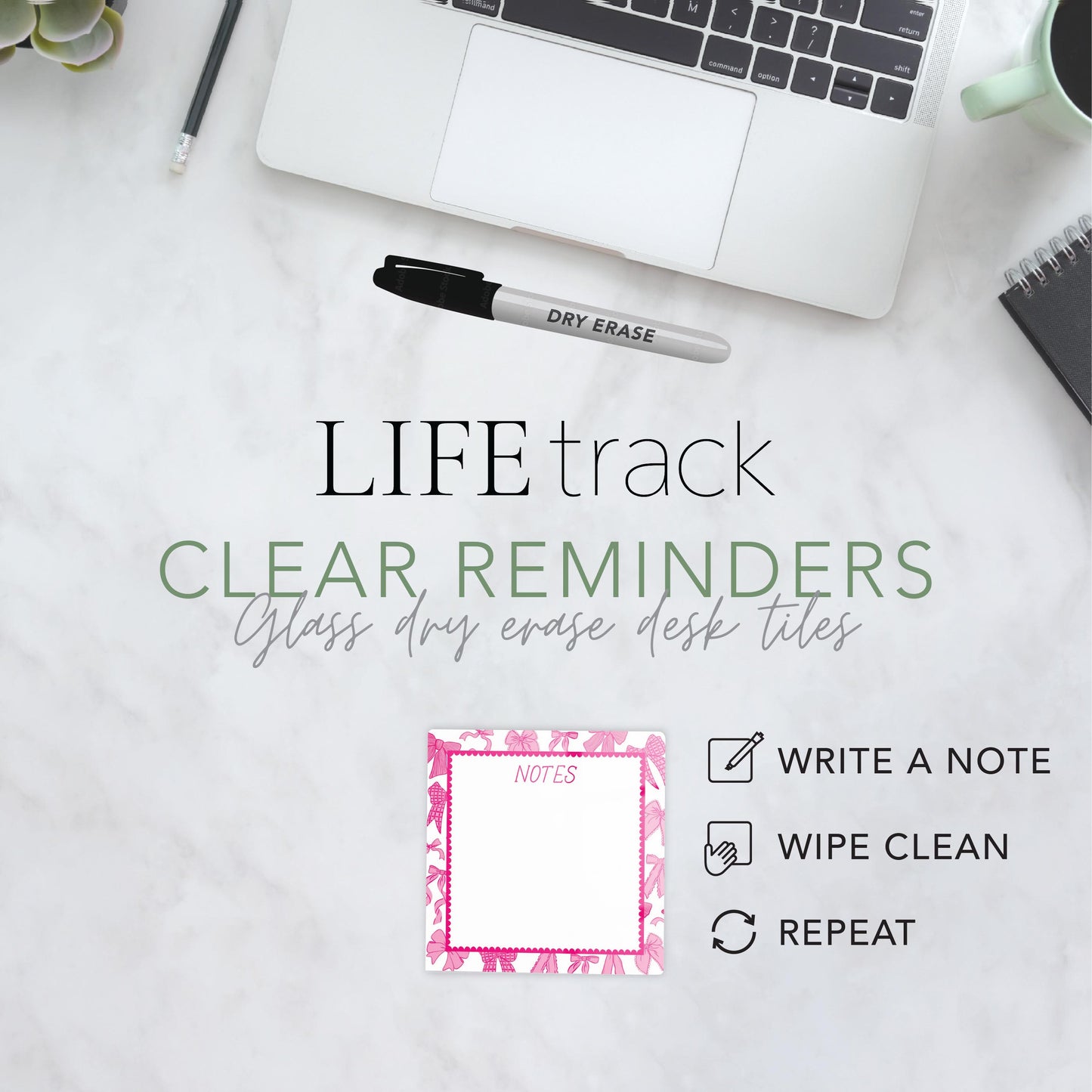 Kalia Lane 4x4 Dry Erase | Preppy Bows Pink Scalloped Border Notes