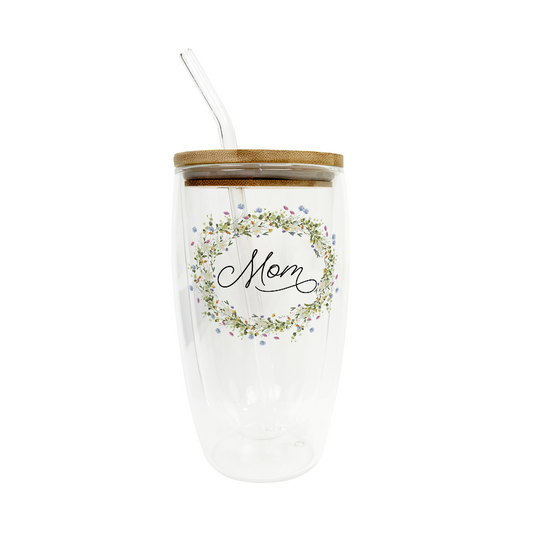 16oz Double Insulated Glass Tumbler Mom Wreath