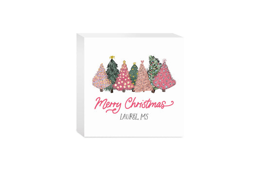 Love+Local 5x5 Wood Block | Pink Christmas Trees