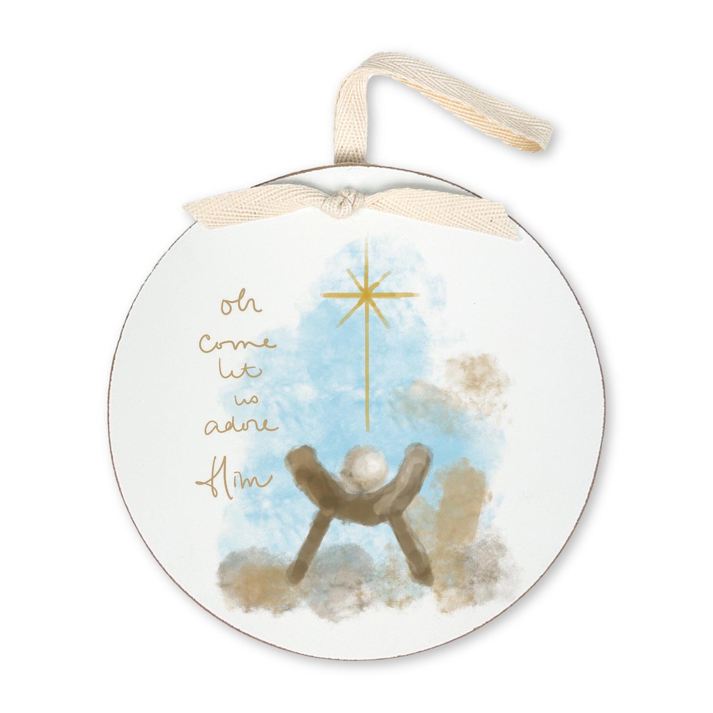 6" Round Ornament-Let Us Adore Him Watercolor Manger