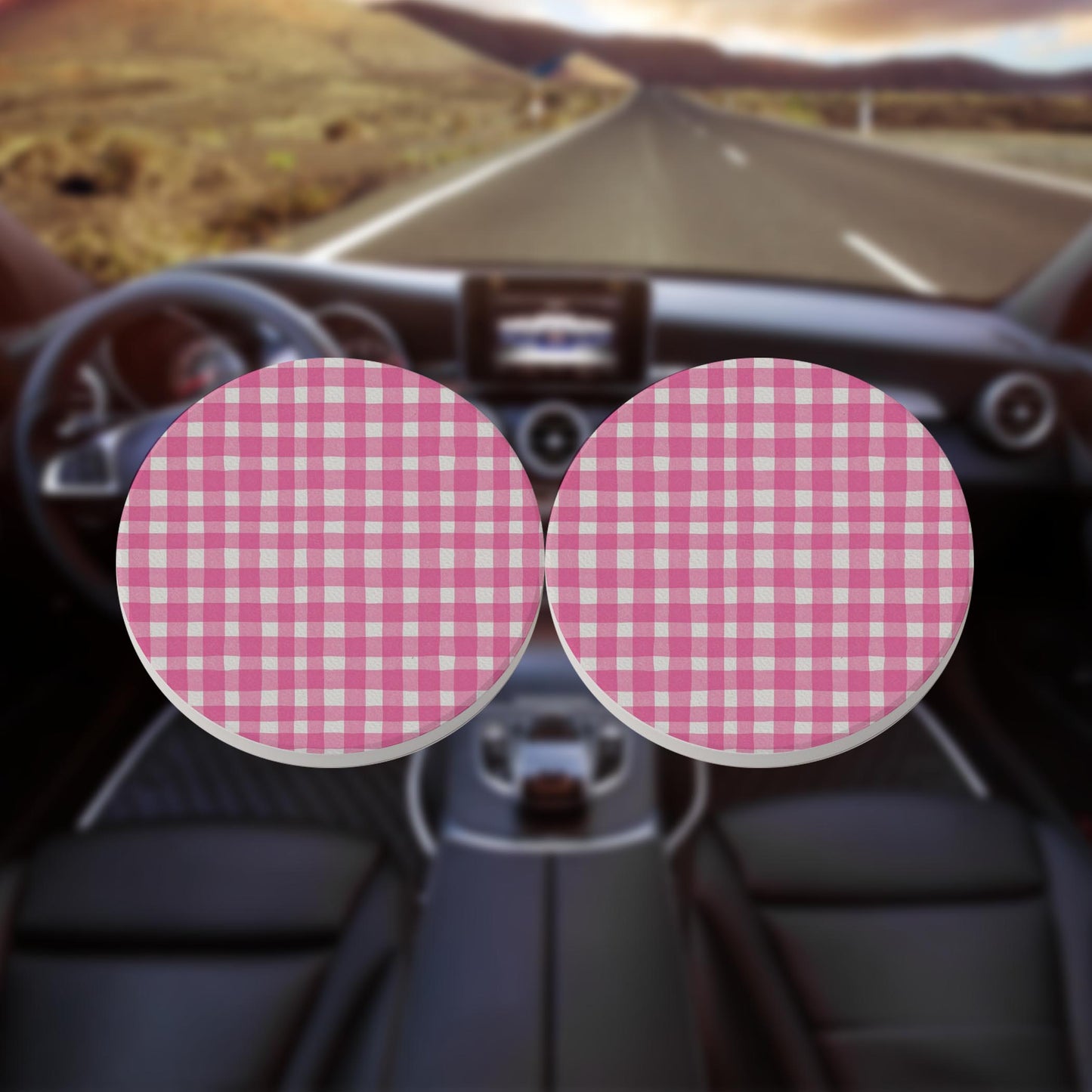 Car Coaster 2-Pack Kalia Lane-Pink Plaid Pattern