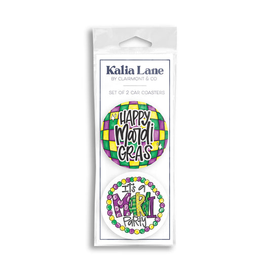 Car Coaster 2-Pack Kalia Lane-Mardi Gras Disco Ball & Mardi Party