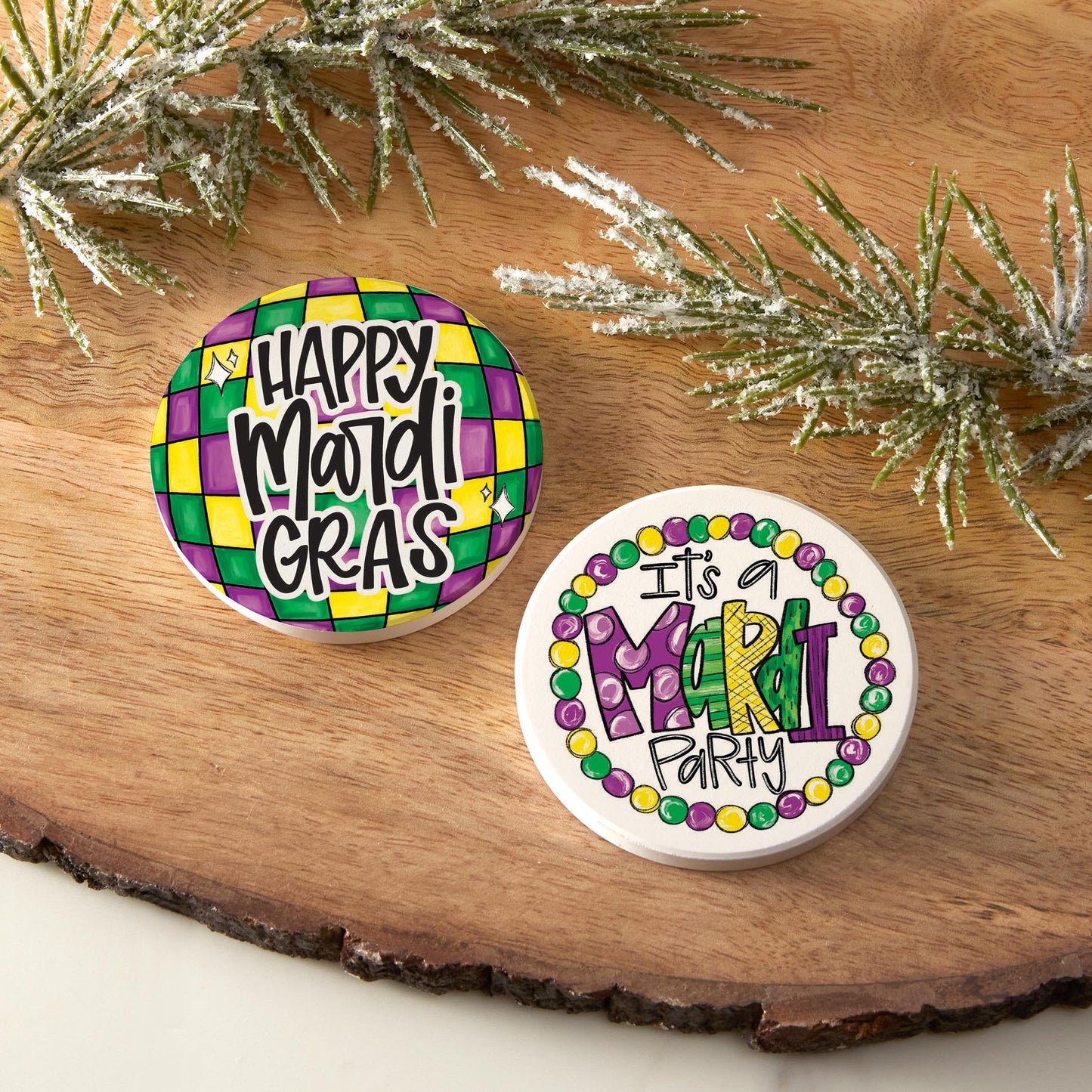 Car Coaster 2-Pack Kalia Lane-Mardi Gras Disco Ball & Mardi Party