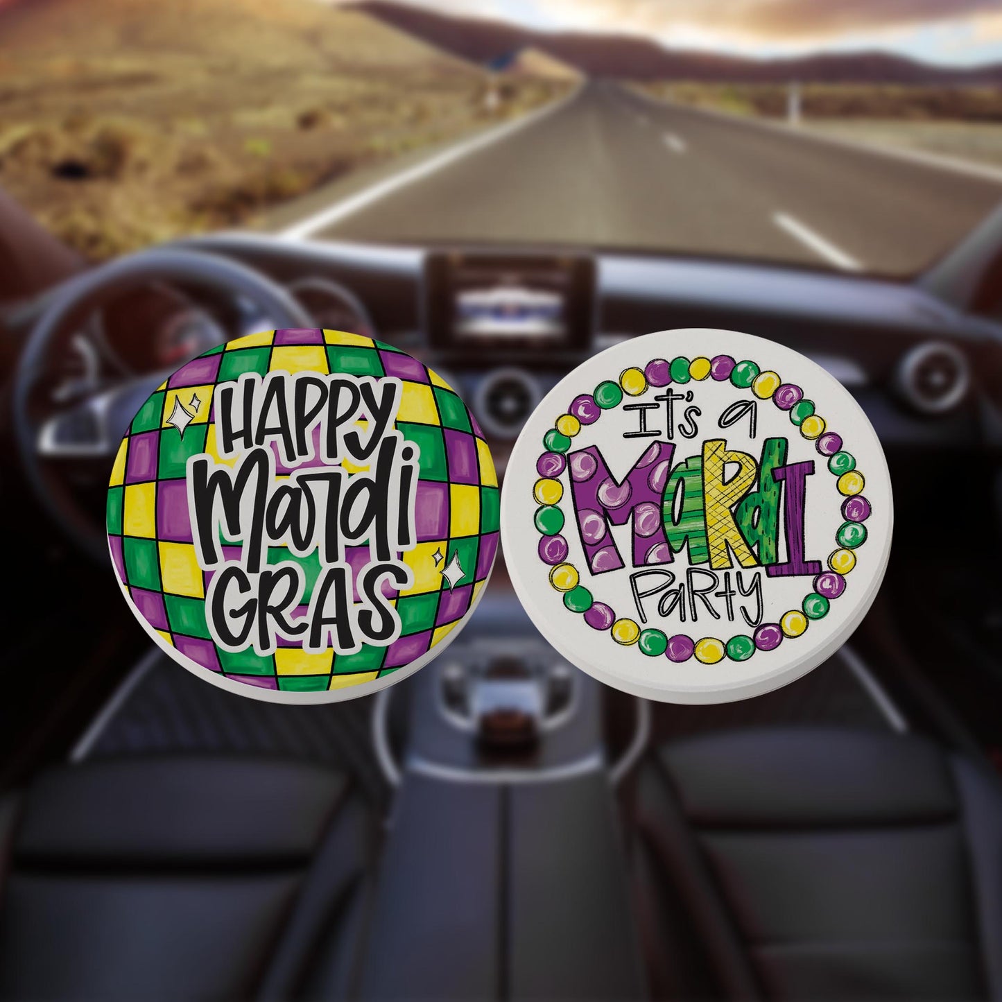 Car Coaster 2-Pack Kalia Lane-Mardi Gras Disco Ball & Mardi Party