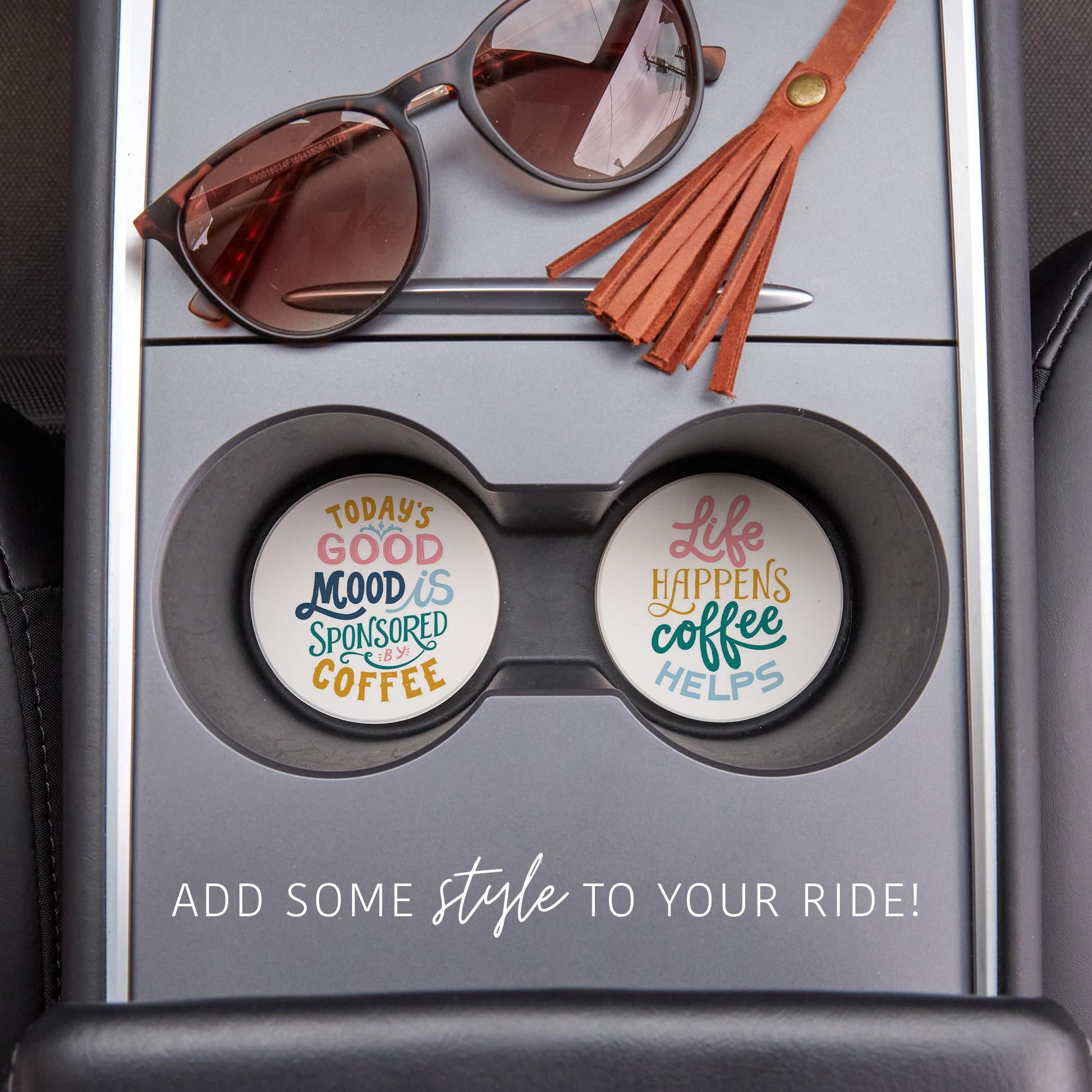 Car Coaster 2-Pack Kalia Lane-Good Mood & Coffee Helps -1