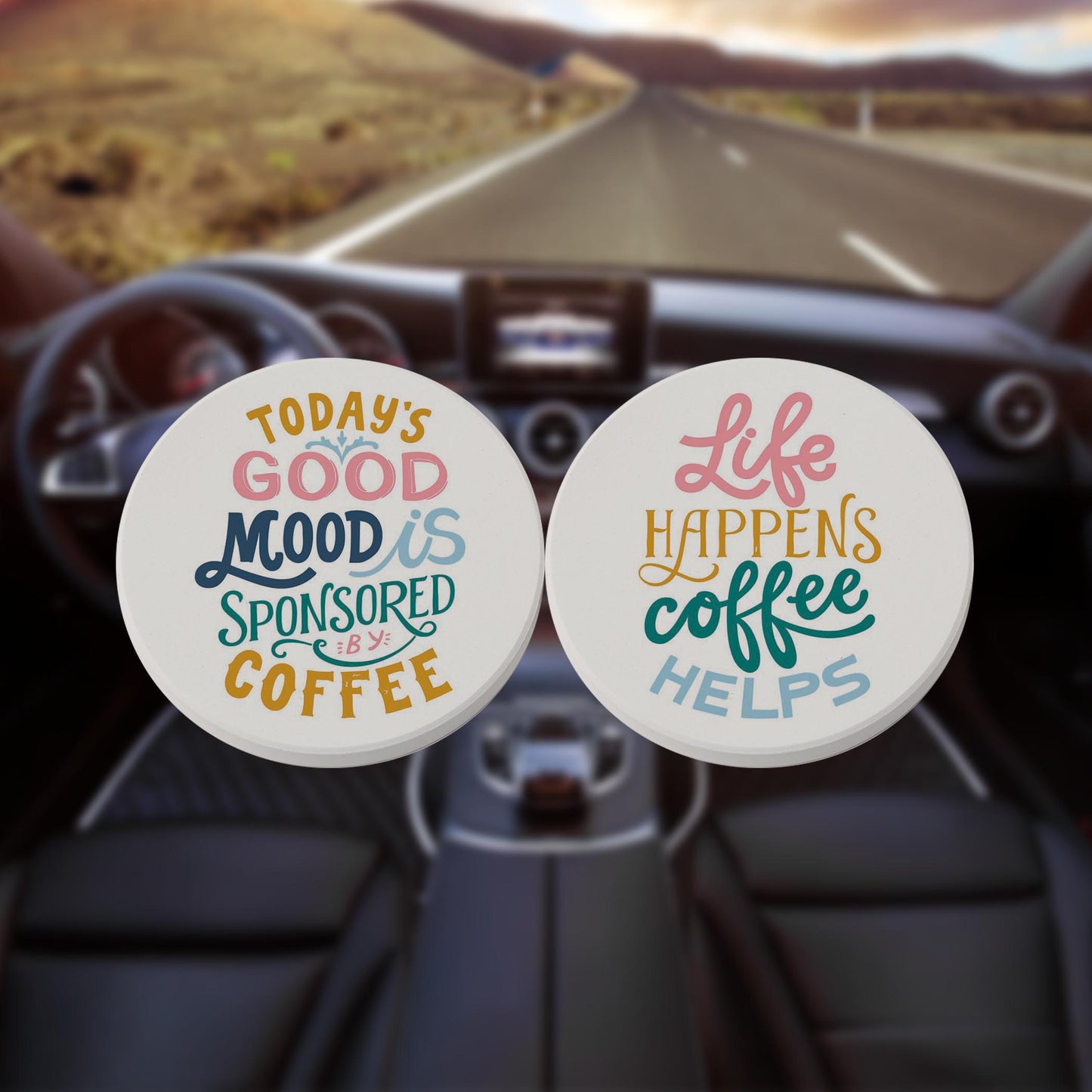 Car Coaster 2-Pack Kalia Lane-Good Mood & Coffee Helps -8