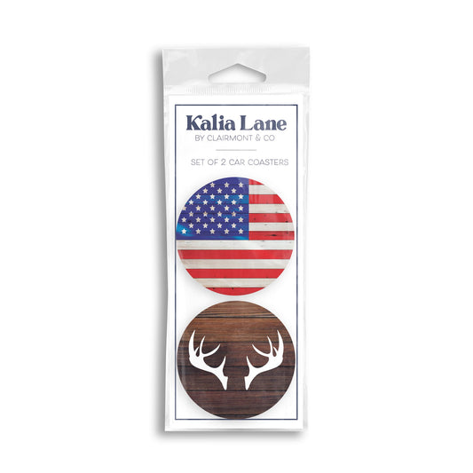 Car Coaster 2-Pack Kalia Lane-Wooden Flag & Wooden Antlers -0