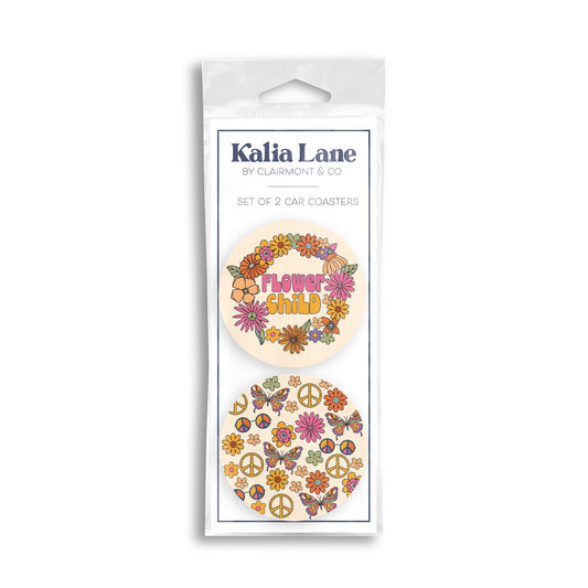 Car Coaster 2-Pack Kalia Lane-Bright Retro Flower Child & Icons -0