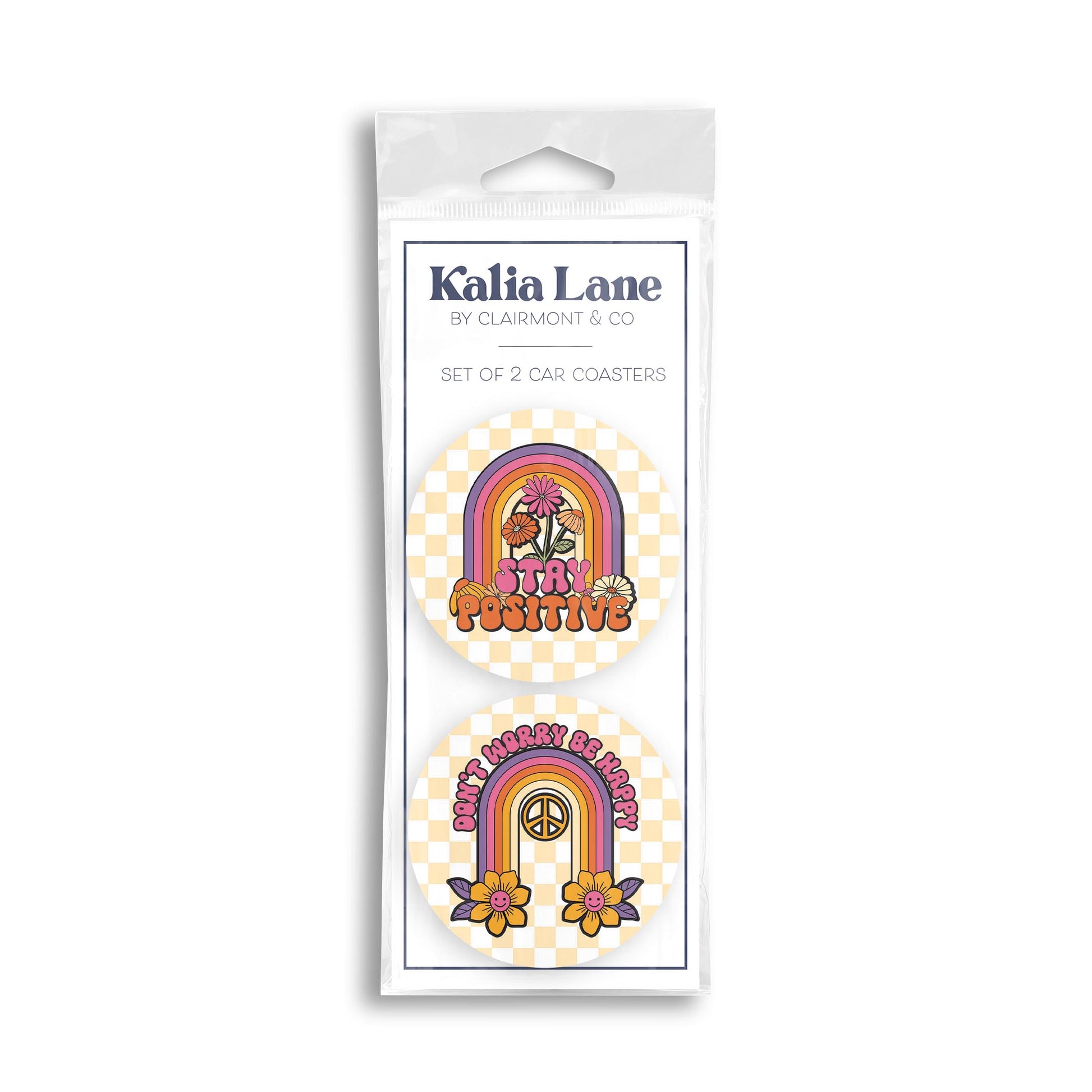 Car Coaster 2-Pack Kalia Lane-Bright Retro Stay Positive & Don't Worry -0