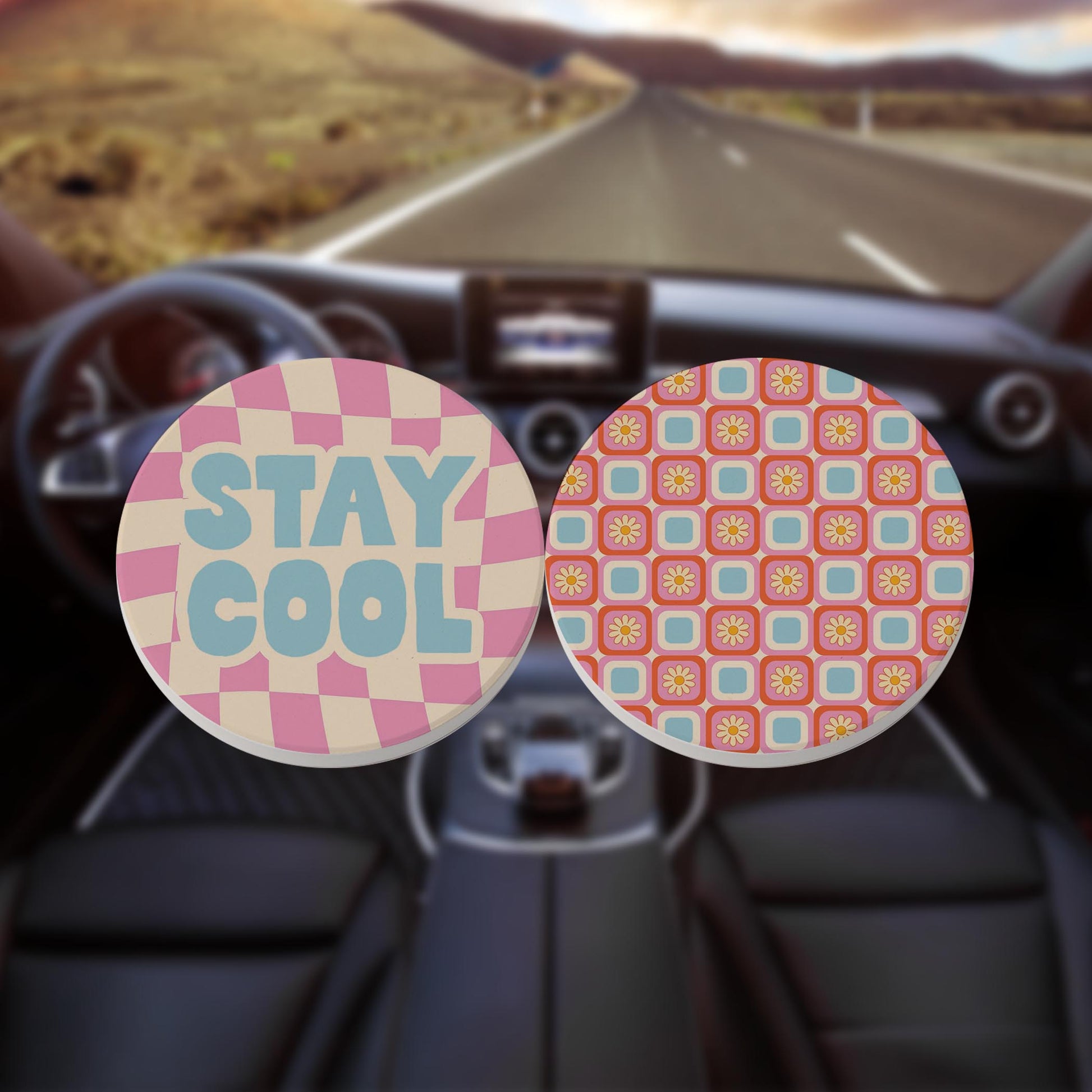 Car Coaster 2-Pack Kalia Lane-Bright Retro Stay Cool & Flower Checker -8