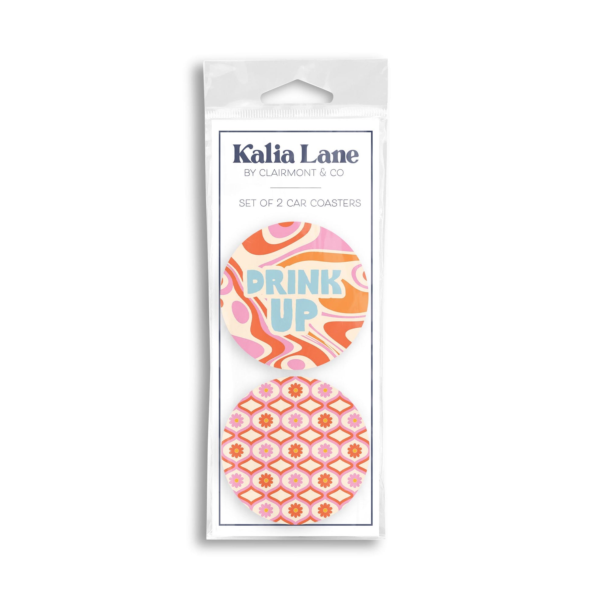 Car Coaster 2-Pack Kalia Lane-Bright Retro Drink Up & Groovy Flower Pattern -0