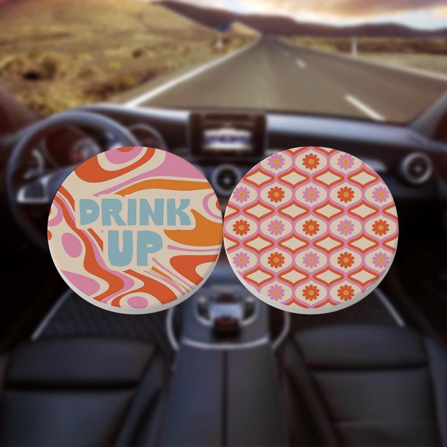 Car Coaster 2-Pack Kalia Lane-Bright Retro Drink Up & Groovy Flower Pattern -8