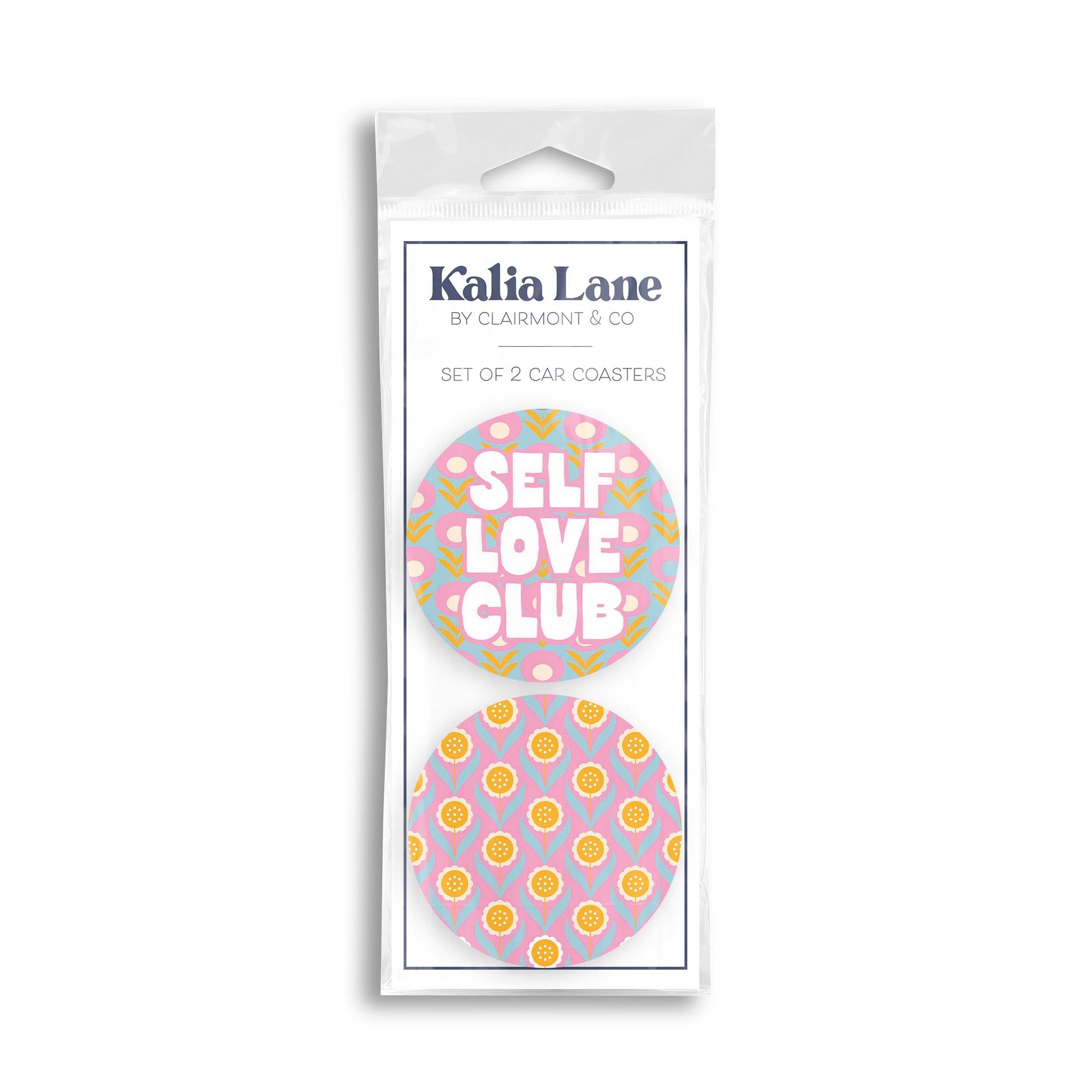 Car Coaster 2-Pack Kalia Lane-Bright Retro Self Love Club & Flower Pattern -0