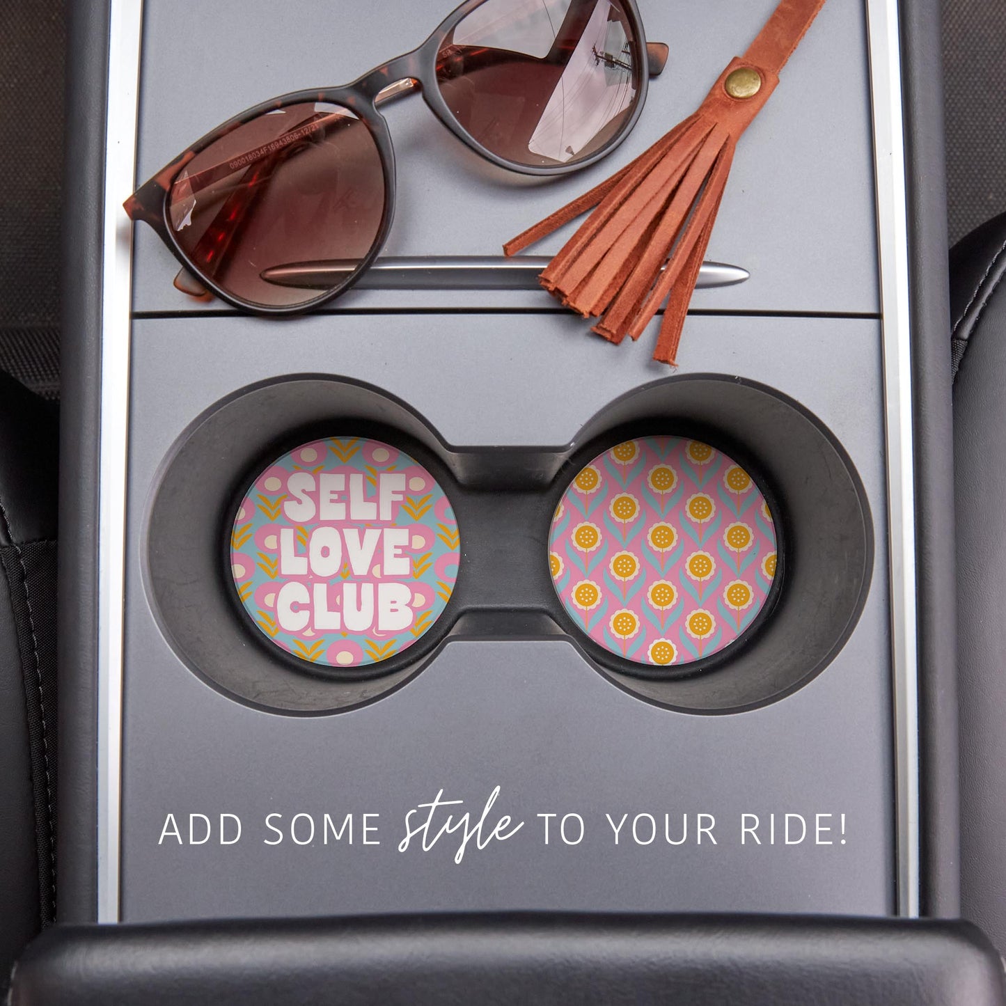 Car Coaster 2-Pack Kalia Lane-Bright Retro Self Love Club & Flower Pattern -1