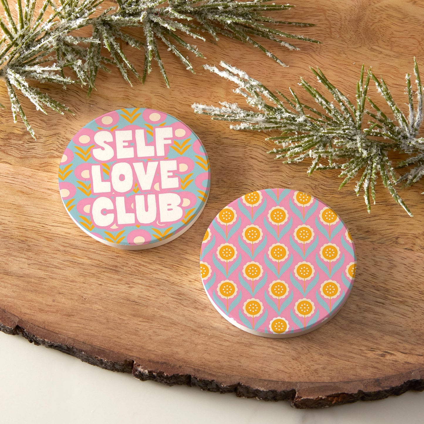 Car Coaster 2-Pack Kalia Lane-Bright Retro Self Love Club & Flower Pattern -6