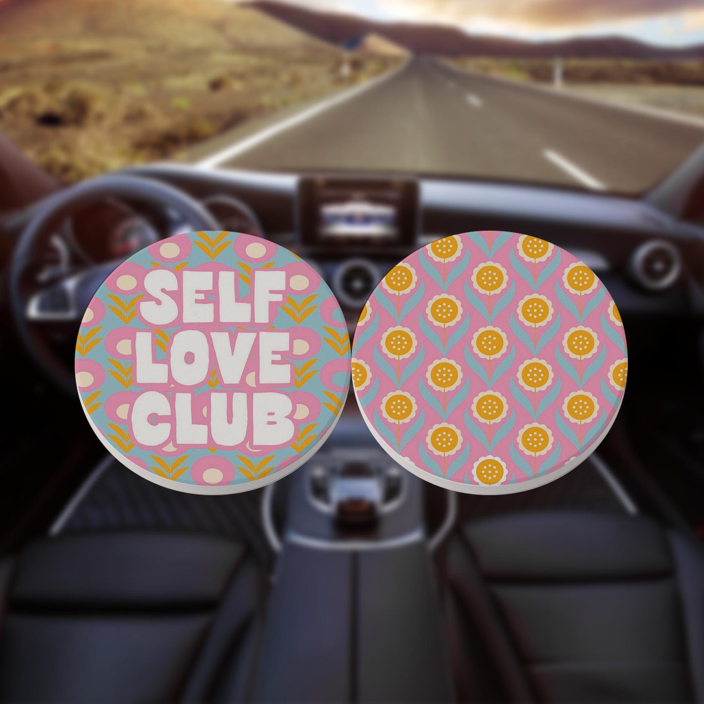 Car Coaster 2-Pack Kalia Lane-Bright Retro Self Love Club & Flower Pattern -8