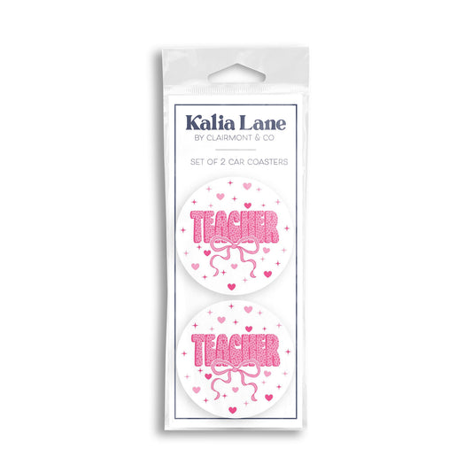 Car Coaster 2-Pack Kalia Lane-Classroom Coquette Teacher Hearts & Bow -0