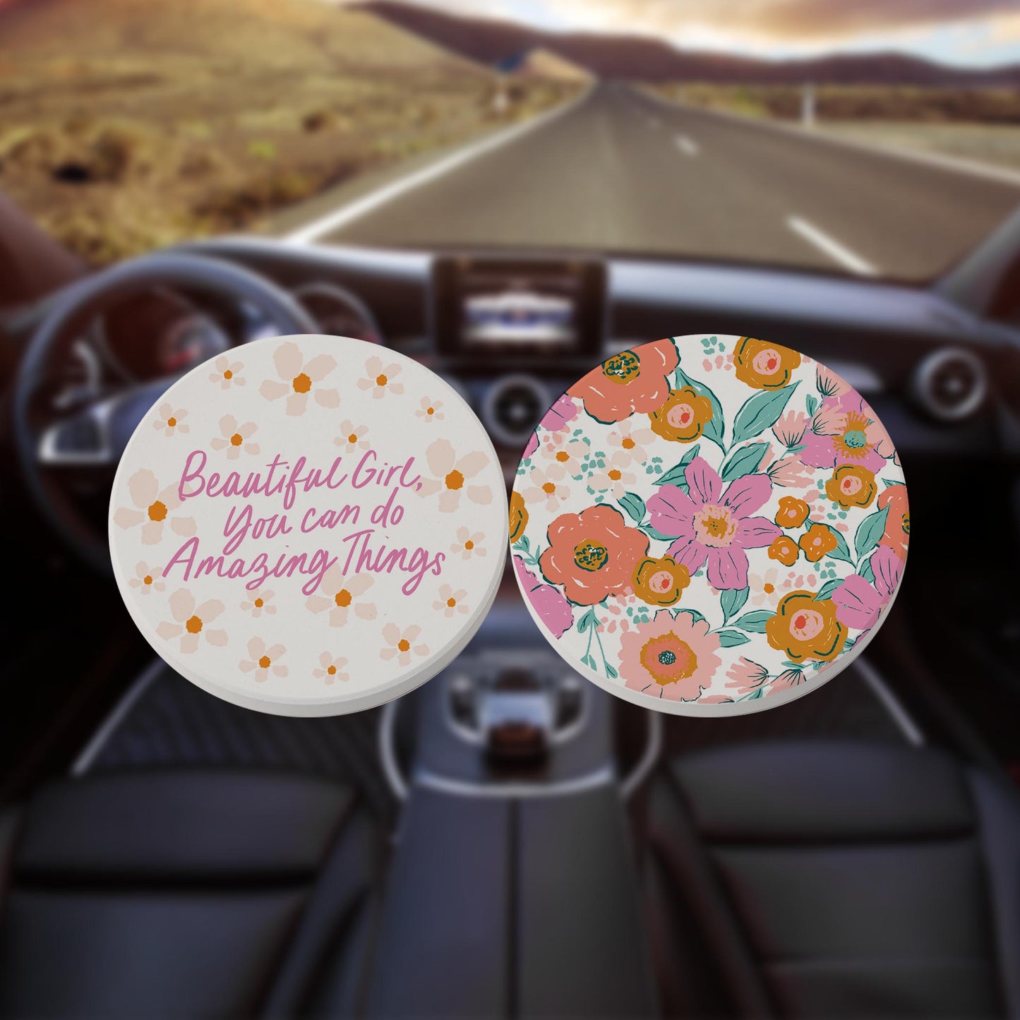 Car Coaster 2-Pack Kalia Lane-Kalia Floral Beautiful Girl & Pattern