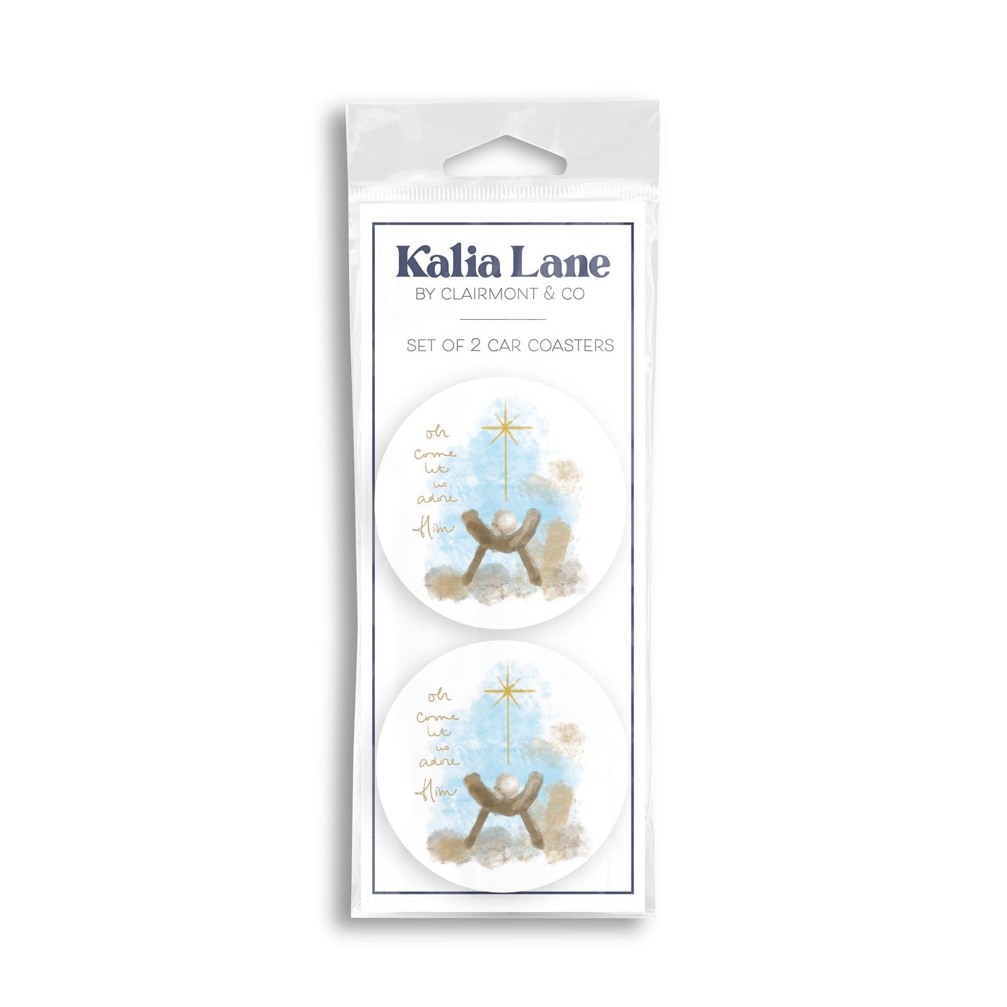Car Coaster 2-Pack Kalia Lane-Let Us Adore Him Watercolor Manger